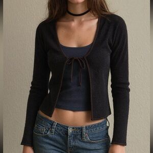 Vintage Y2K 90s Ribbed Tie Front Black Sweater Cardigan Large Petite USA